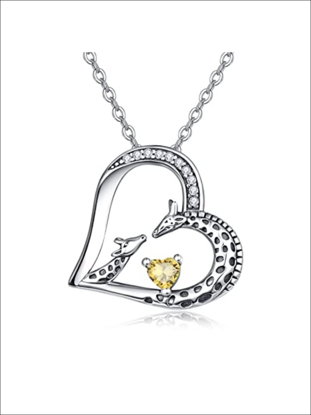 925 Sterling Silver Giraffe Heart Pendant Necklace 18+2" Chain